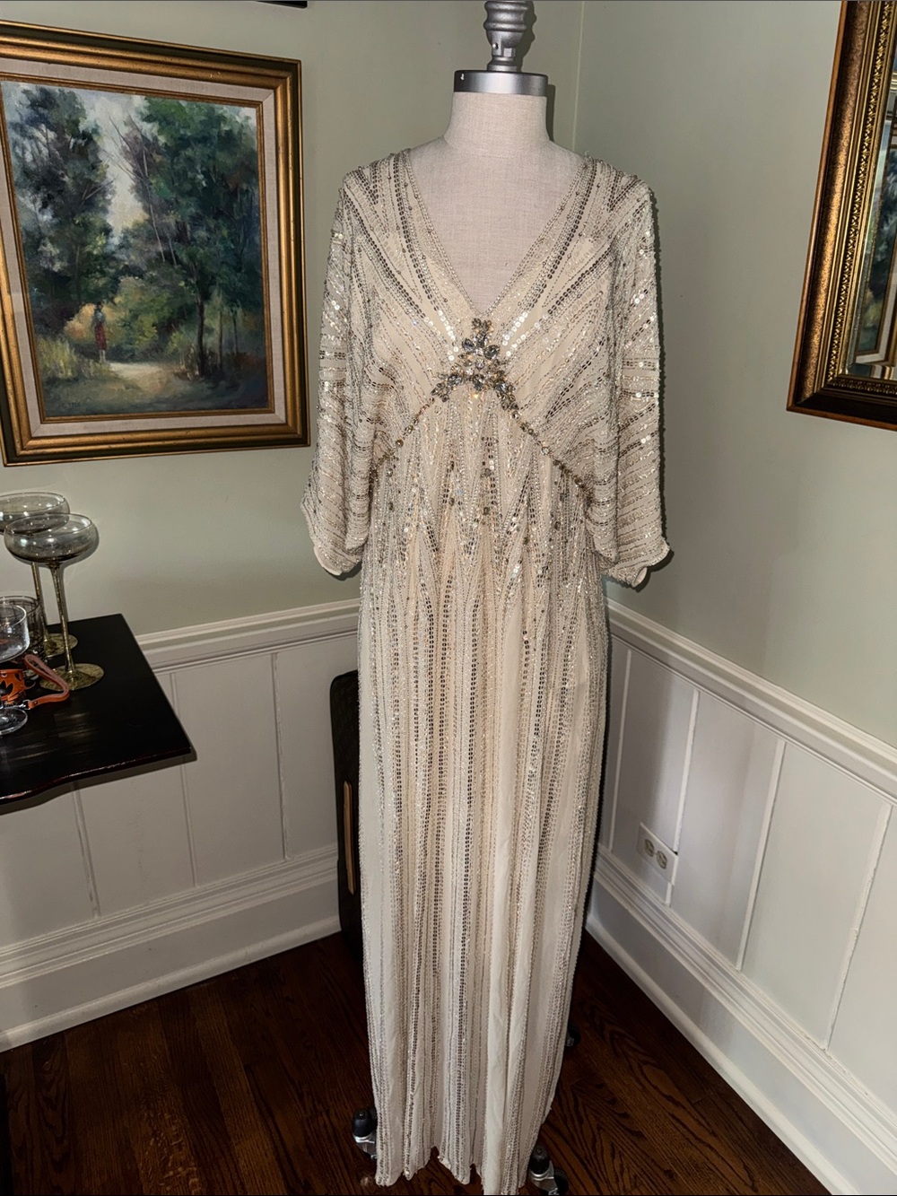 Jenny Packham Champagne Ivory Sequins Maxi Princess Evening Gown Event L XL